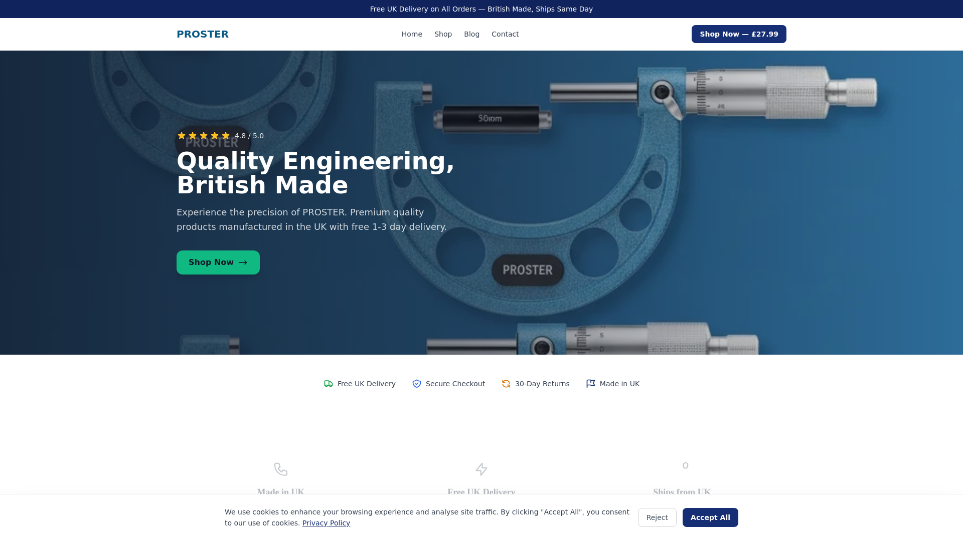 website screenshot of https://proster.co.uk/