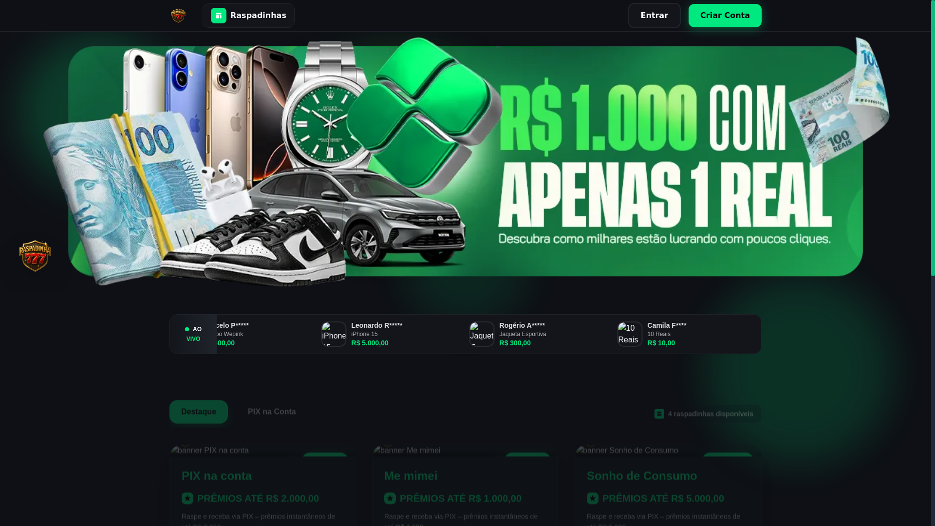 website screenshot of https://raspadinha777.website
