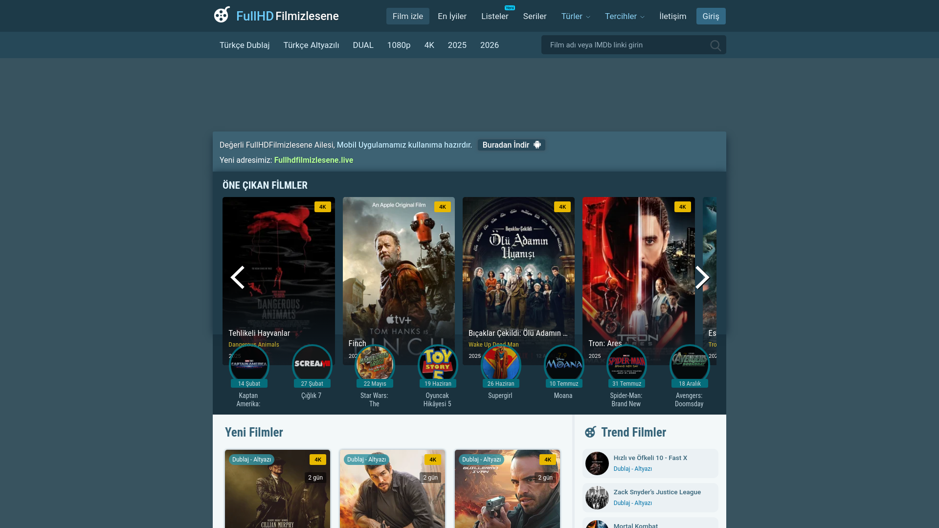 website screenshot of https://www.fullhdfilmizlesene.tv