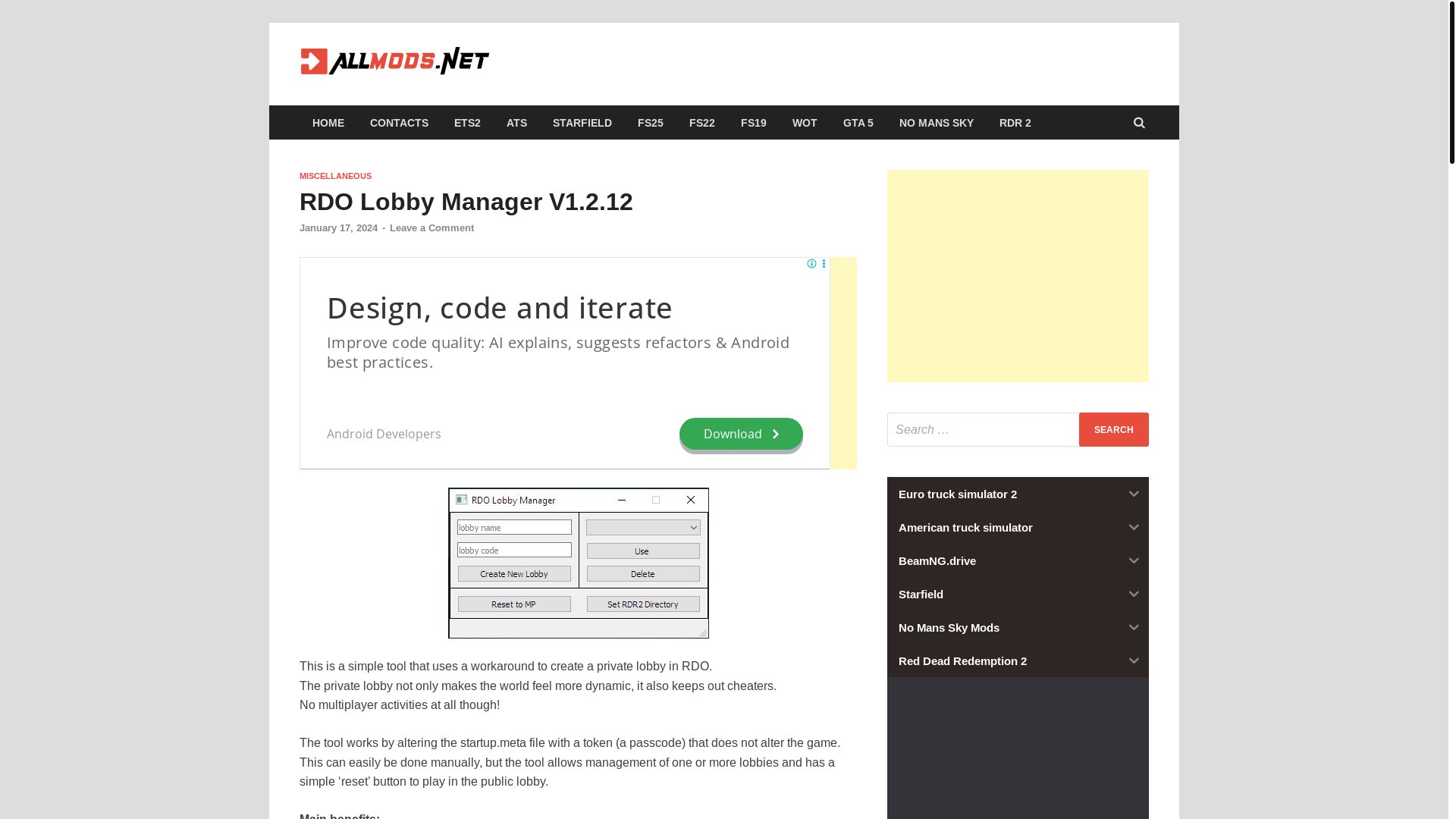 website screenshot of https://allmods.net/red-dead-redemption-2/miscellaneous/rdo-lobby-manager/