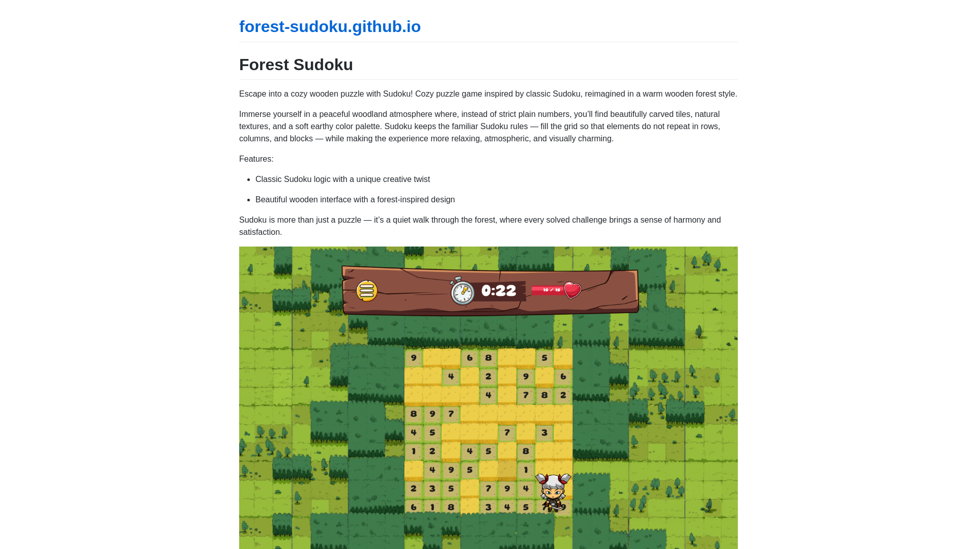 website screenshot of https://forest-sudoku.app