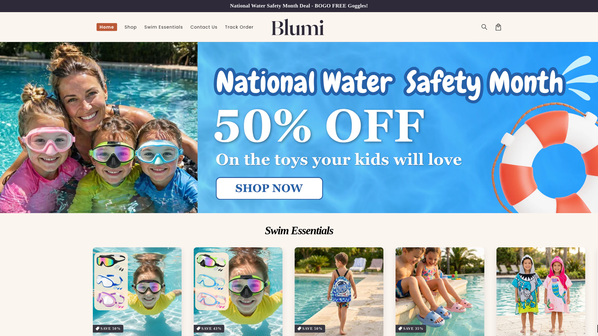 website screenshot of https://blumibabyswimgoggles.com/