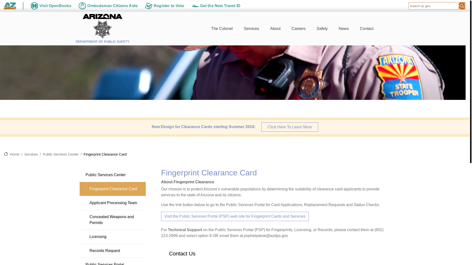 website screenshot of https://www.azdps.gov/services/public-services-portal/fingerprint-clearance-card