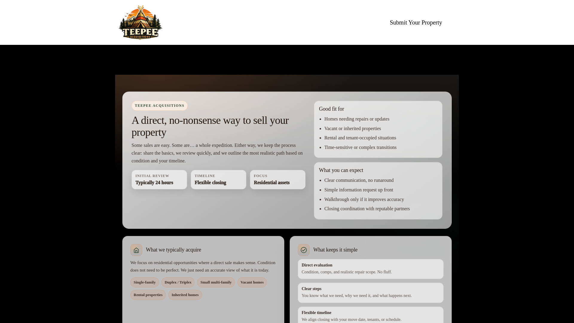website screenshot of https://teepeeacquisitions.com