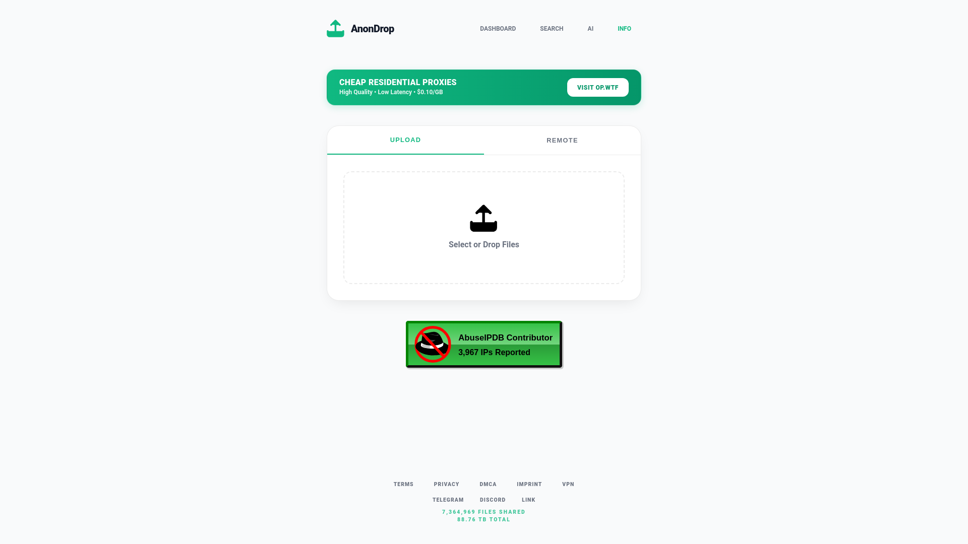 website screenshot of https://anondrop.net