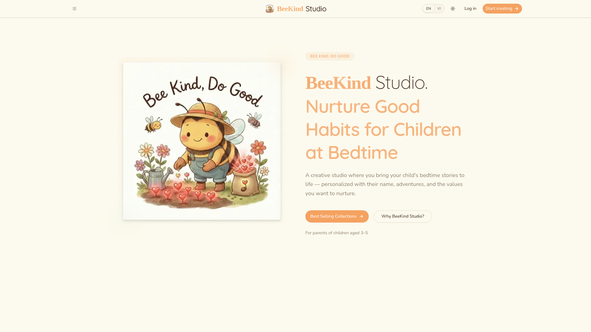 website screenshot of https://beekind.studio/