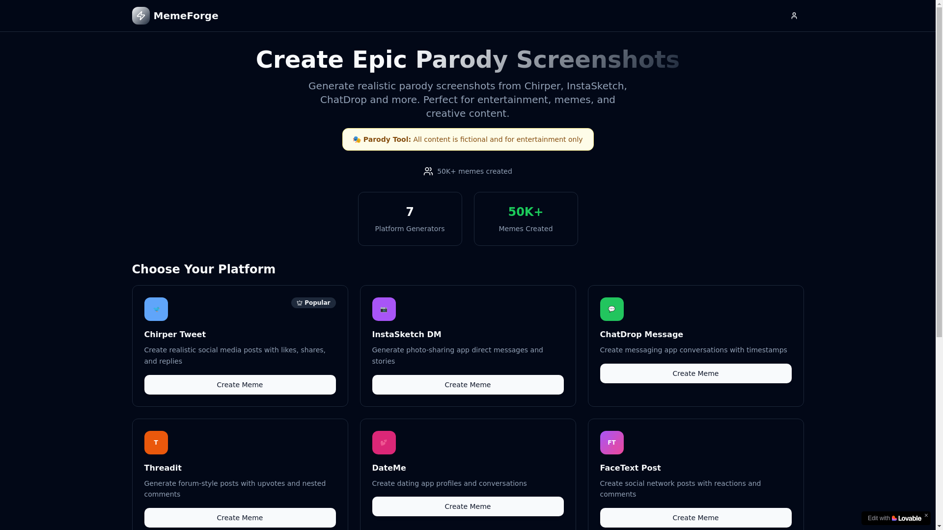 website screenshot of https://memeforgestudio.org/
