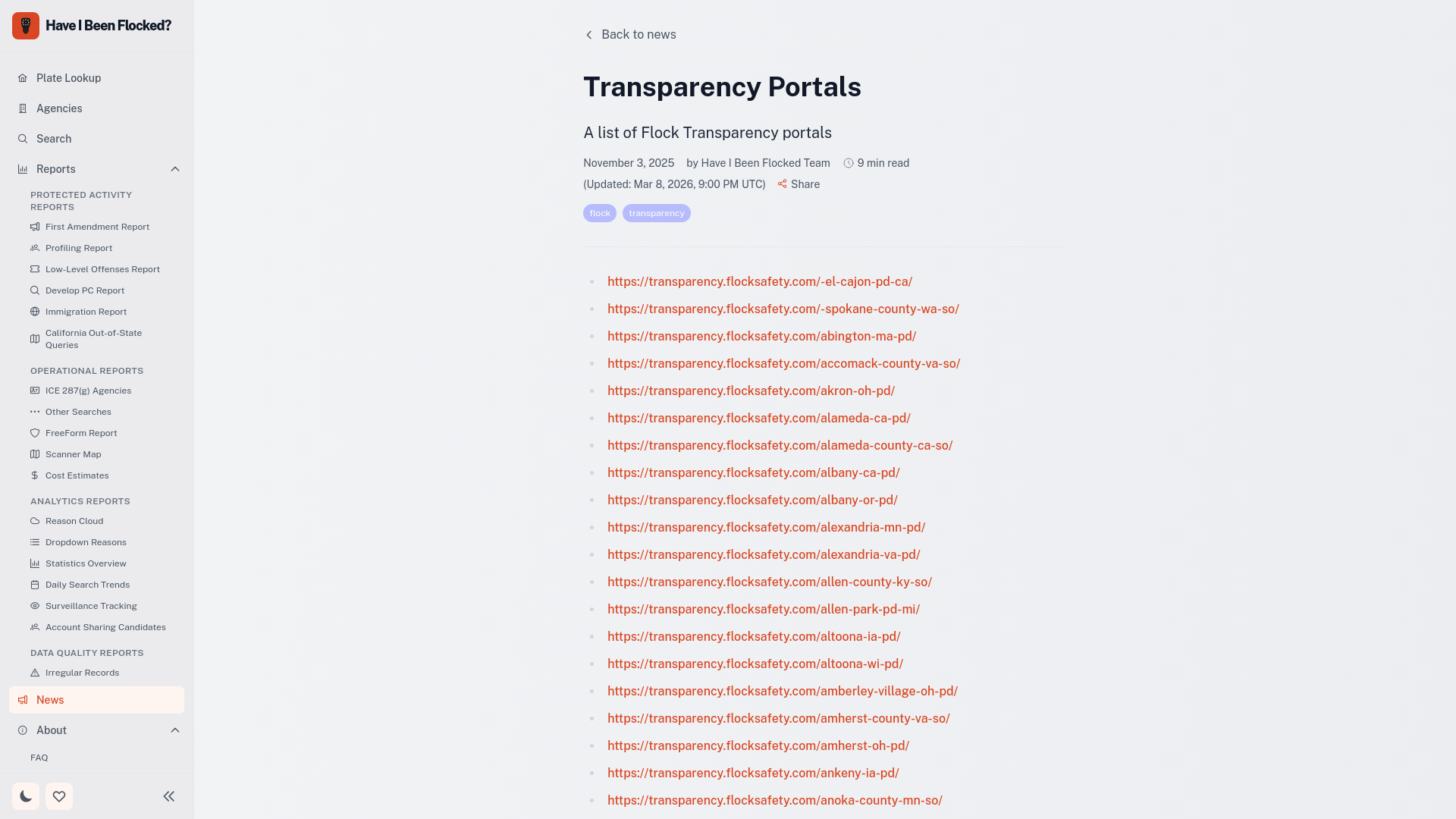 website screenshot of https://haveibeenflocked.com/news/transparency-portals/