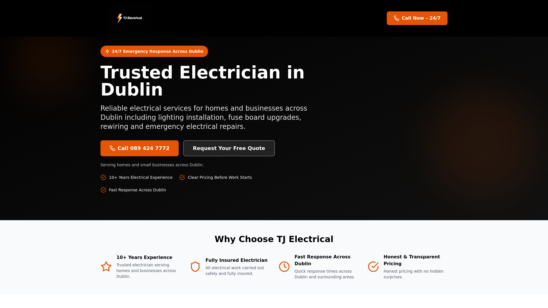 website screenshot of https://tjelectrical.ie