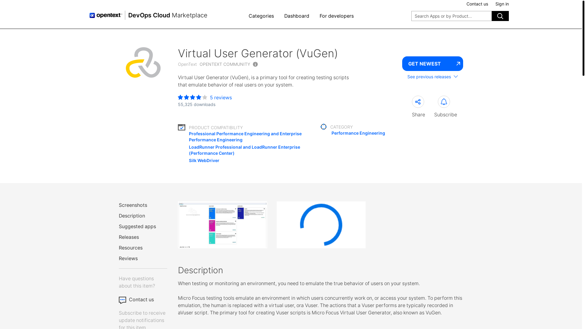 website screenshot of https://marketplace.opentext.com/appdelivery/content/virtual-user-generator-vugen