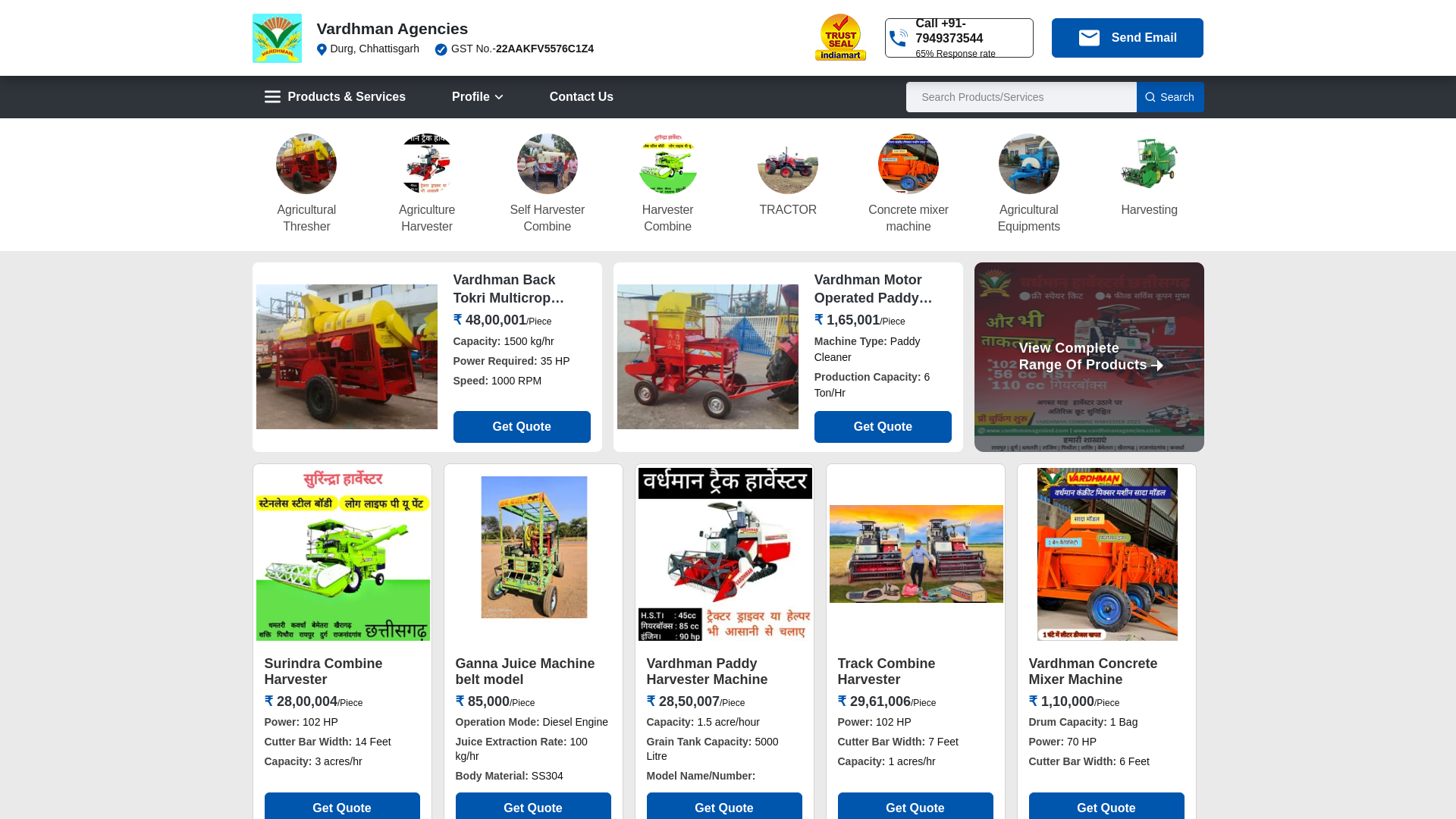 website screenshot of https://vardhmanagroequipments.com