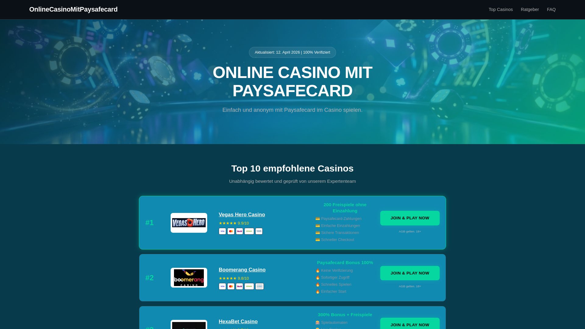 website screenshot of https://onlinecasinomitpaysafecard.org/
