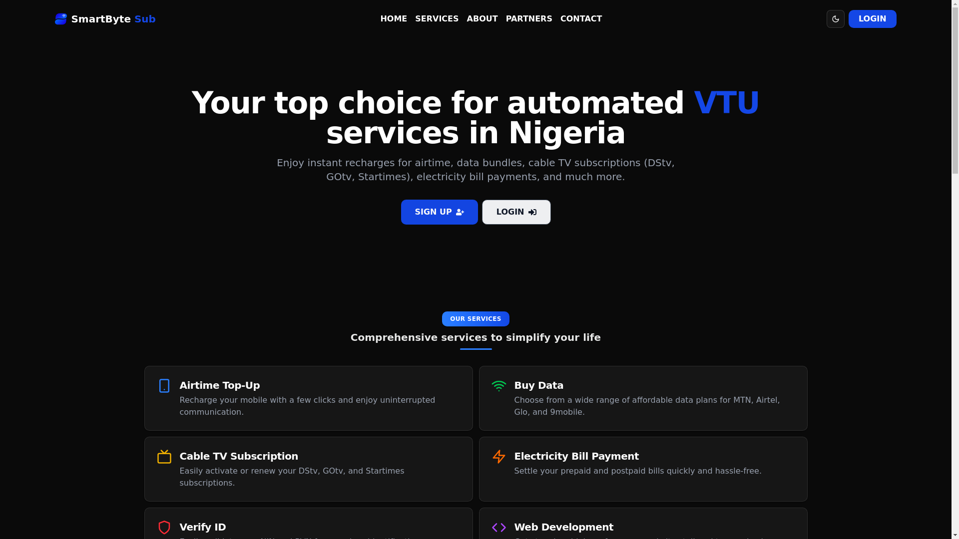 website screenshot of https://smartbytesub.com.ng/