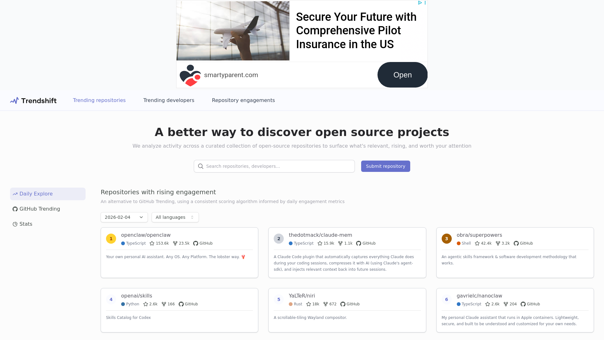 website screenshot of https://trendshift.io