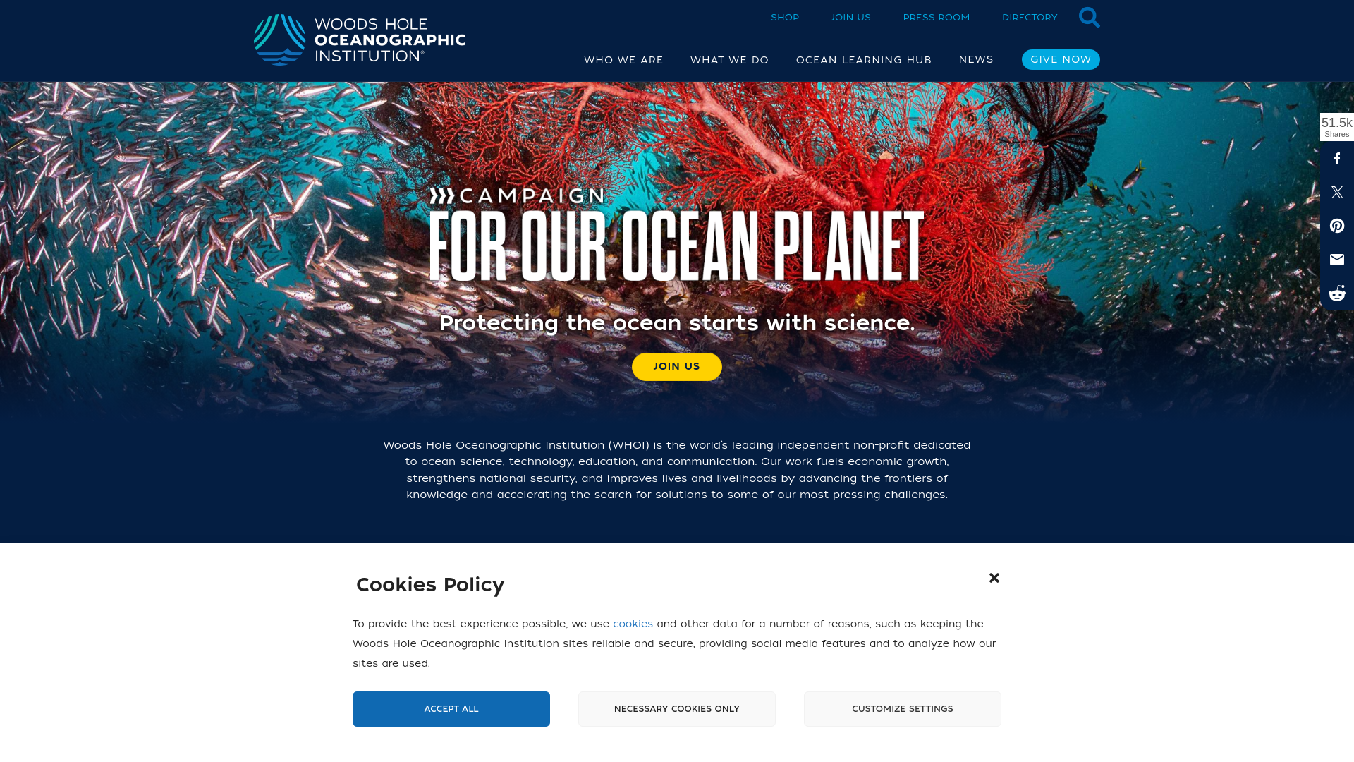 website screenshot of https://whoi.edu