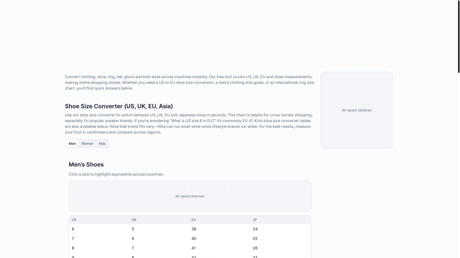 website screenshot of https://instantsizeconverter.online/