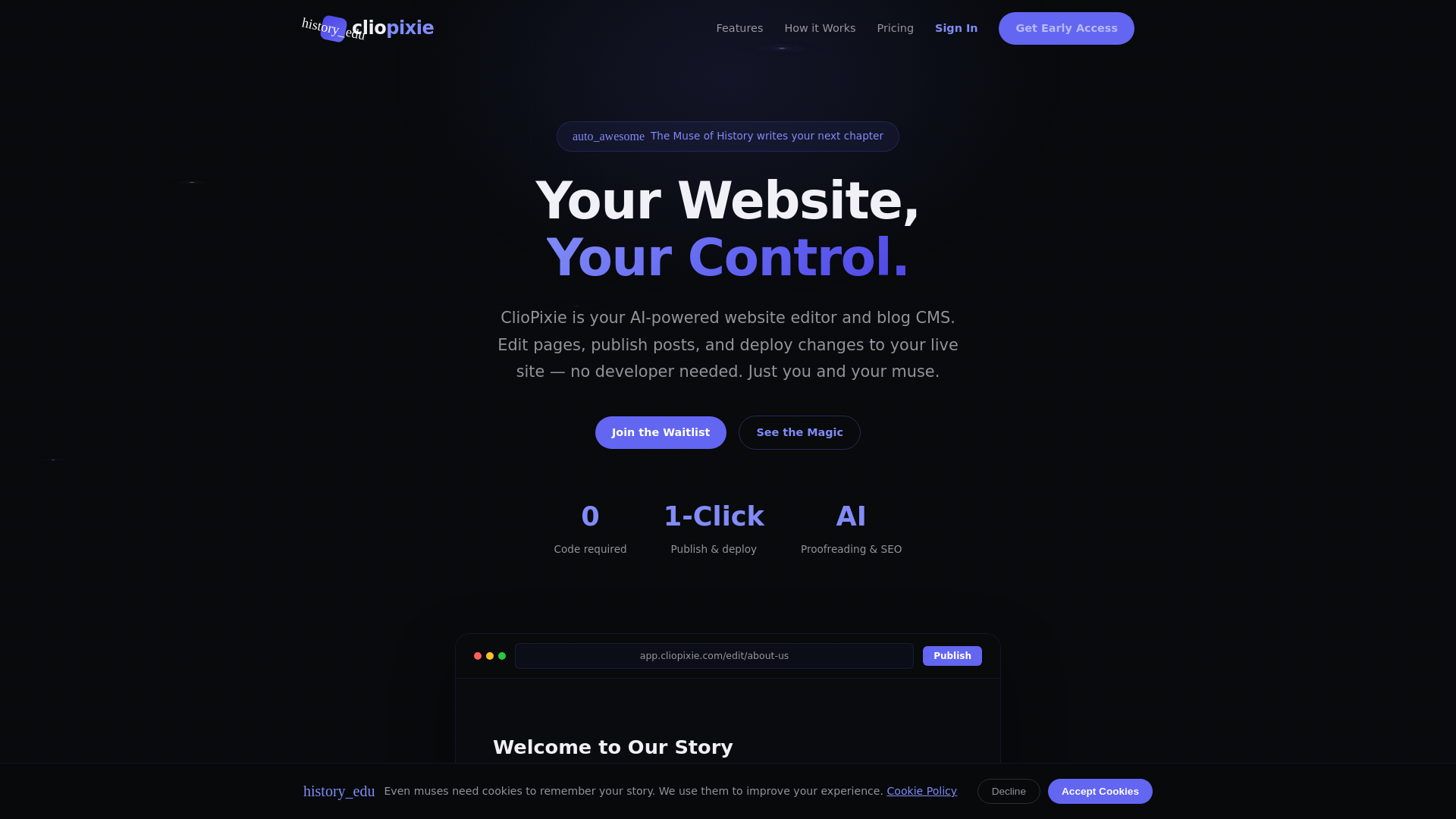 website screenshot of https://cliopixie.com/