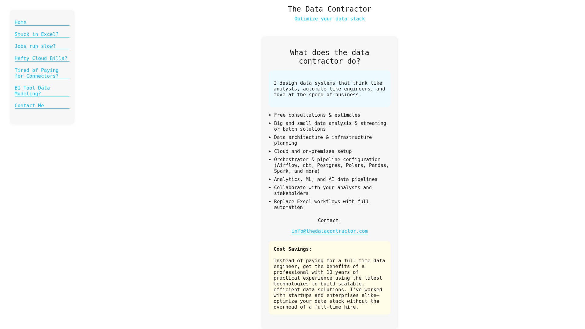website screenshot of https://thedatacontractor.pages.dev/