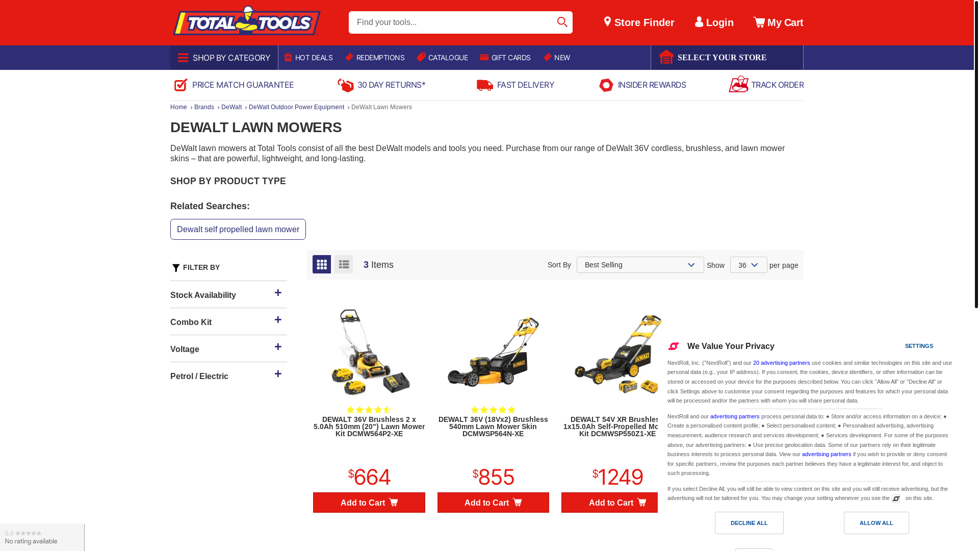 website screenshot of http://www.totaltools.com.au/brands/dewalt/dewalt-outdoor-power-equipment/lawn-mowers