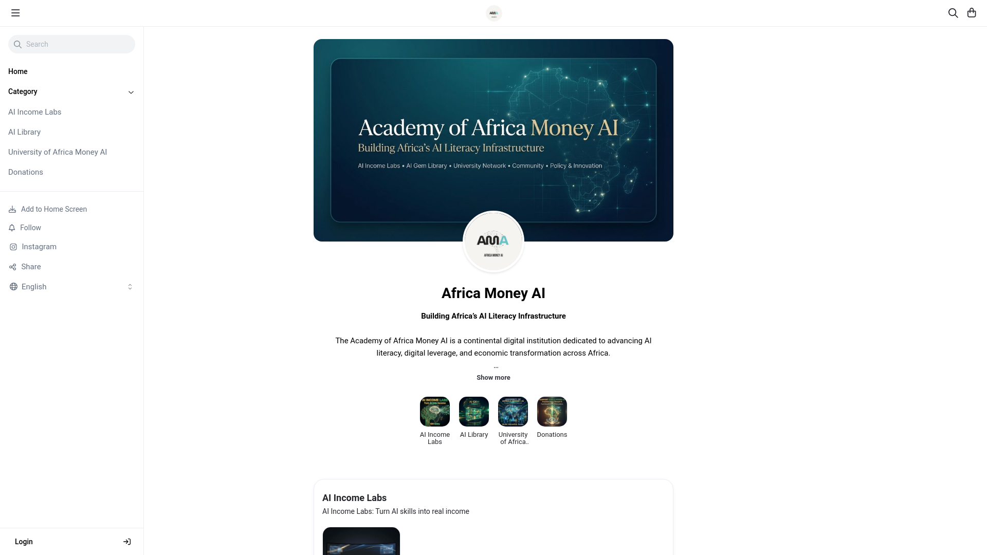 website screenshot of https://africamoneyai.link/