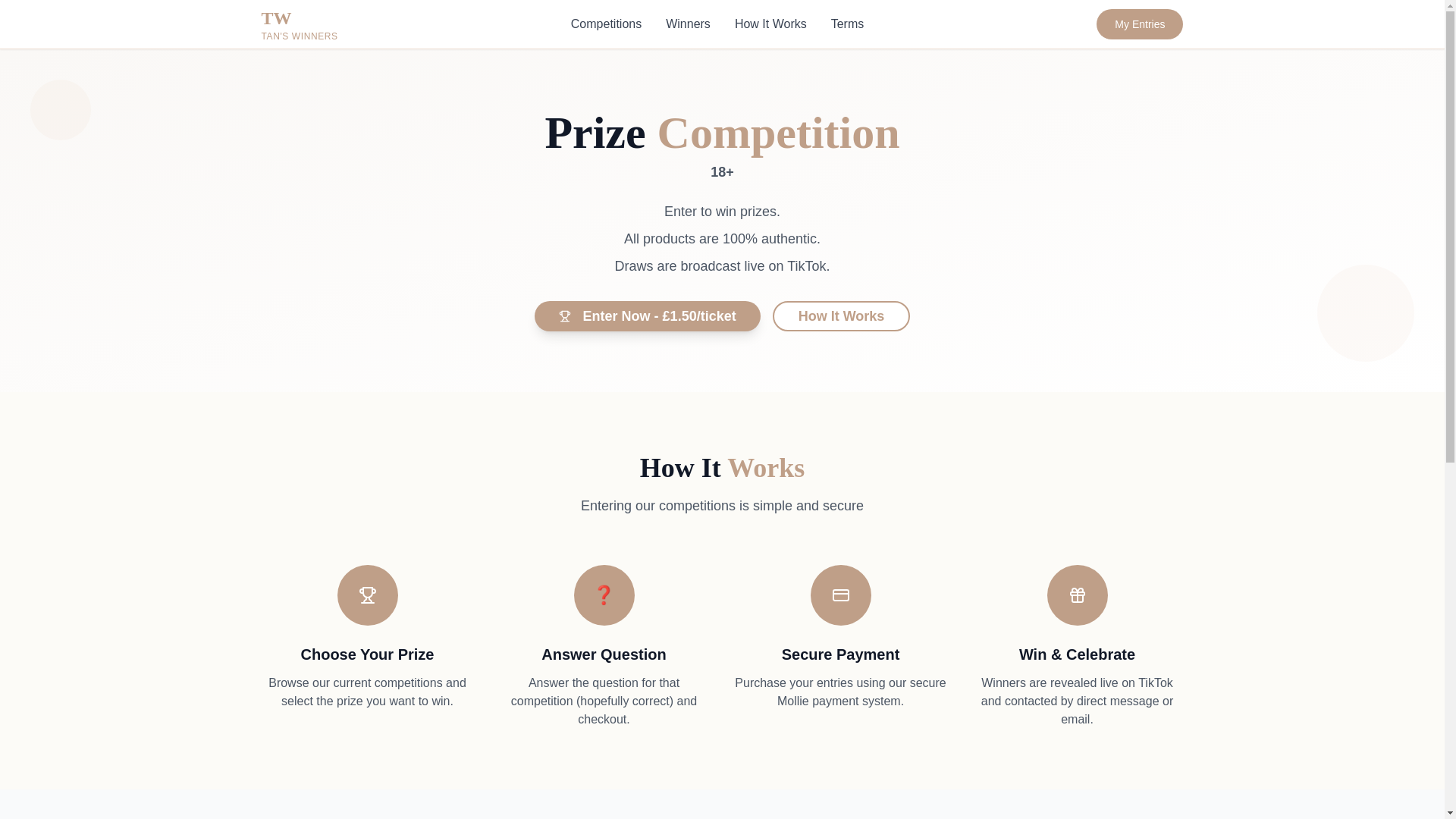 website screenshot of https://tanswinners.com/