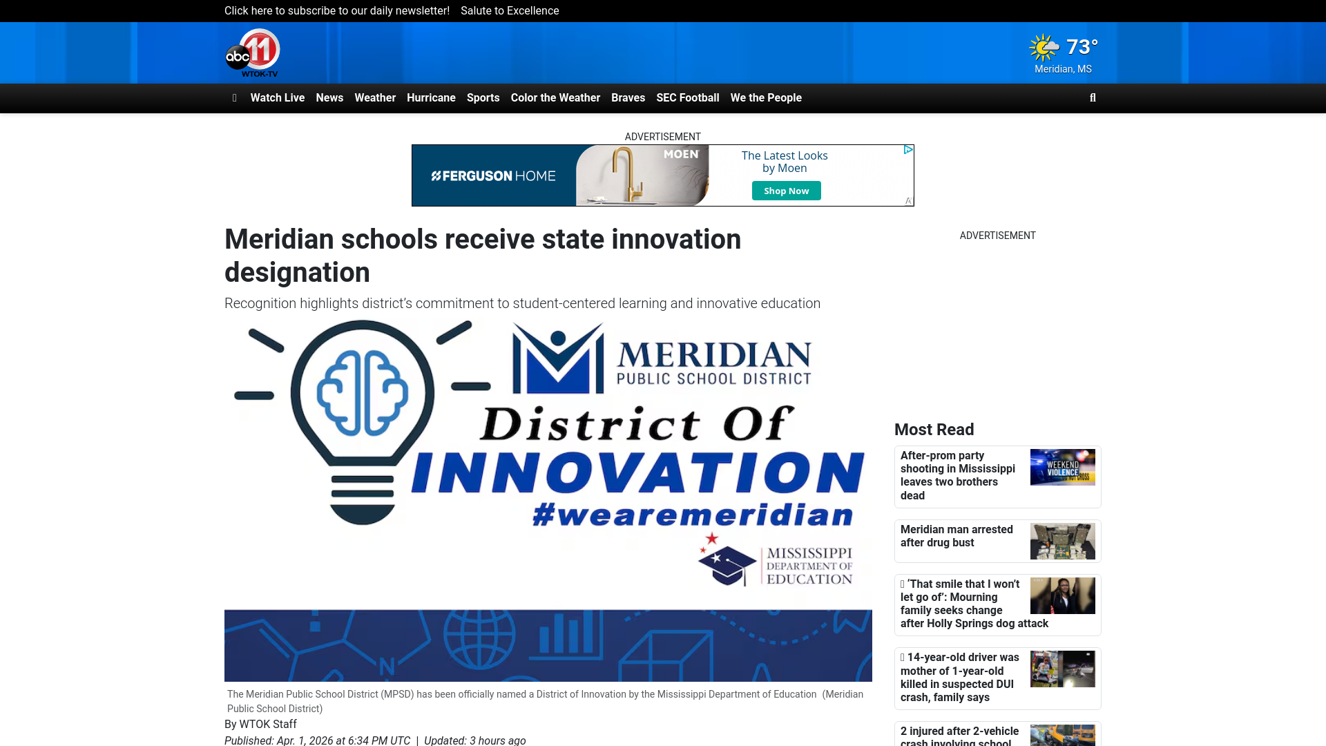 website screenshot of https://www.wtok.com/2026/04/01/meridian-schools-receive-state-innovation-designation/