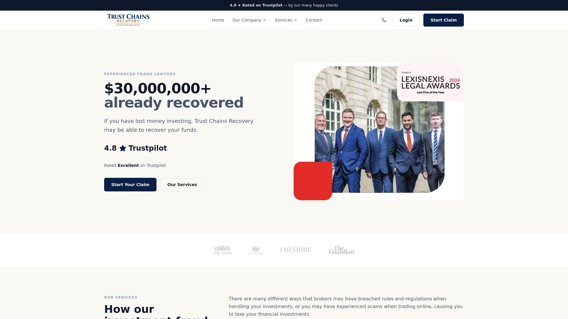 website screenshot of https://trustchainsrecovery.com/