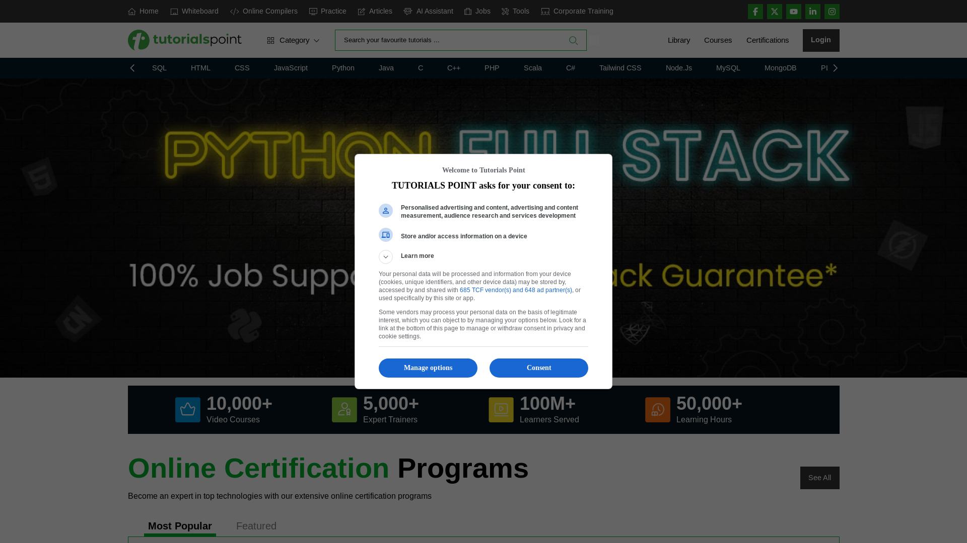 website screenshot of https://www.tutorialspoint.com/