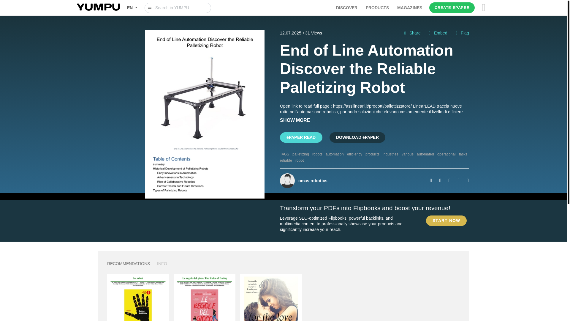 website screenshot of https://www.yumpu.com/en/document/view/70651218/end-of-line-automation-discover-the-reliable-palletizing-robot