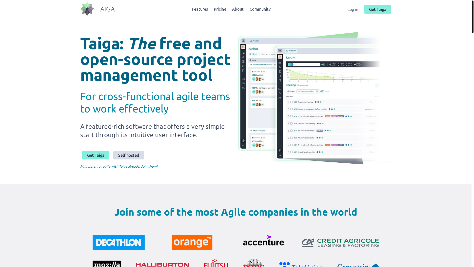 website screenshot of https://taiga.io/