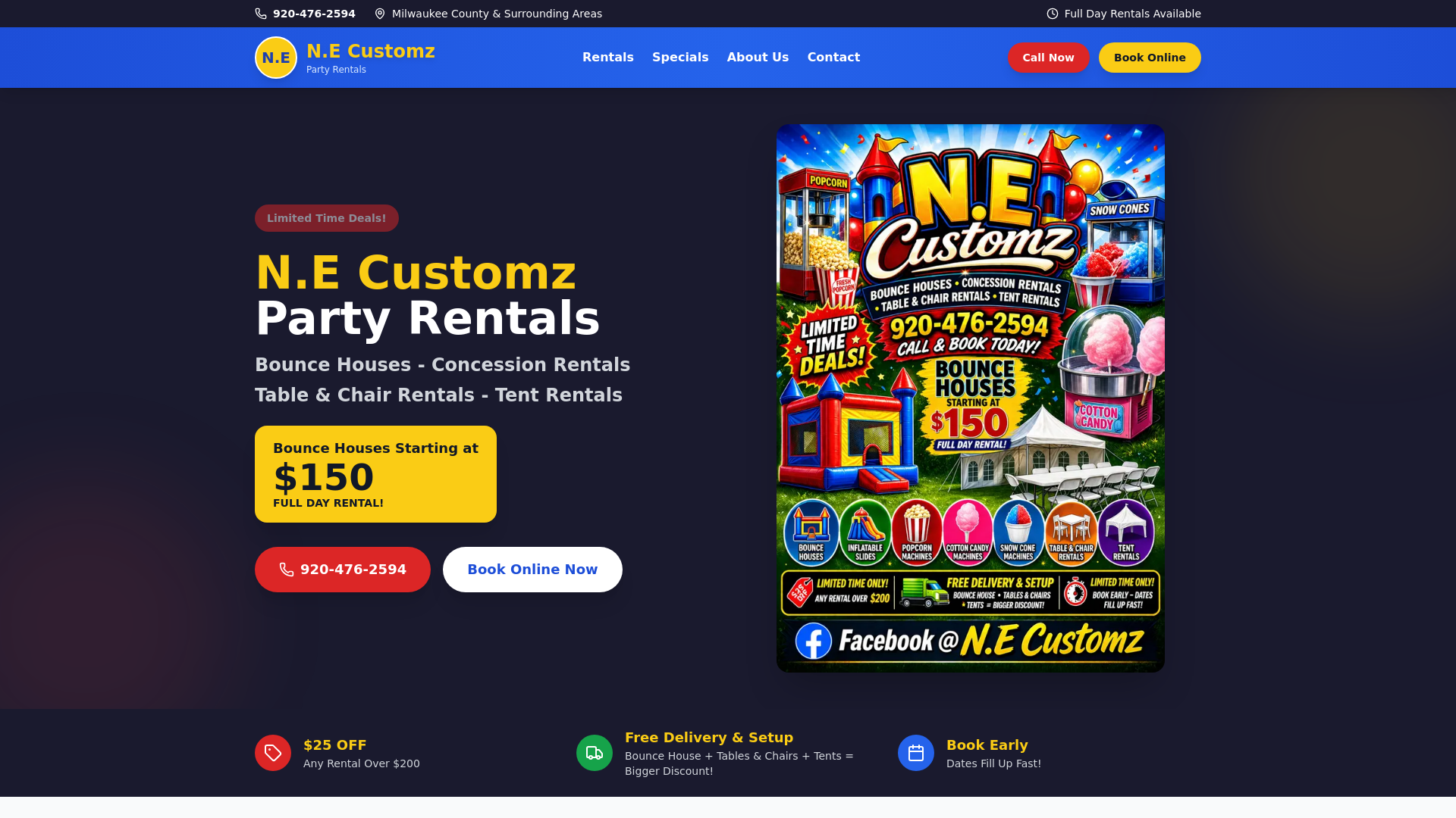 website screenshot of https://necustomzrentals.com