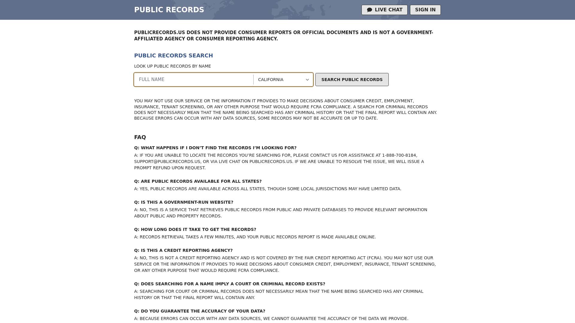 website screenshot of https://www.publicrecords.us/