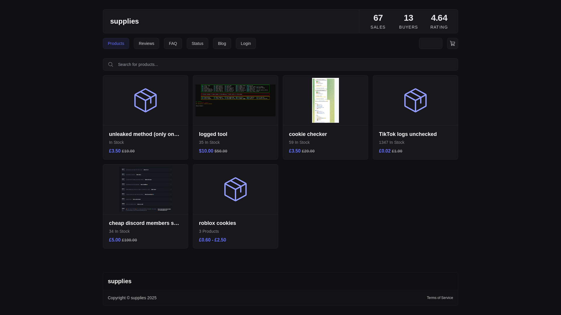 website screenshot of https://ttsupllies.mysellauth.com/