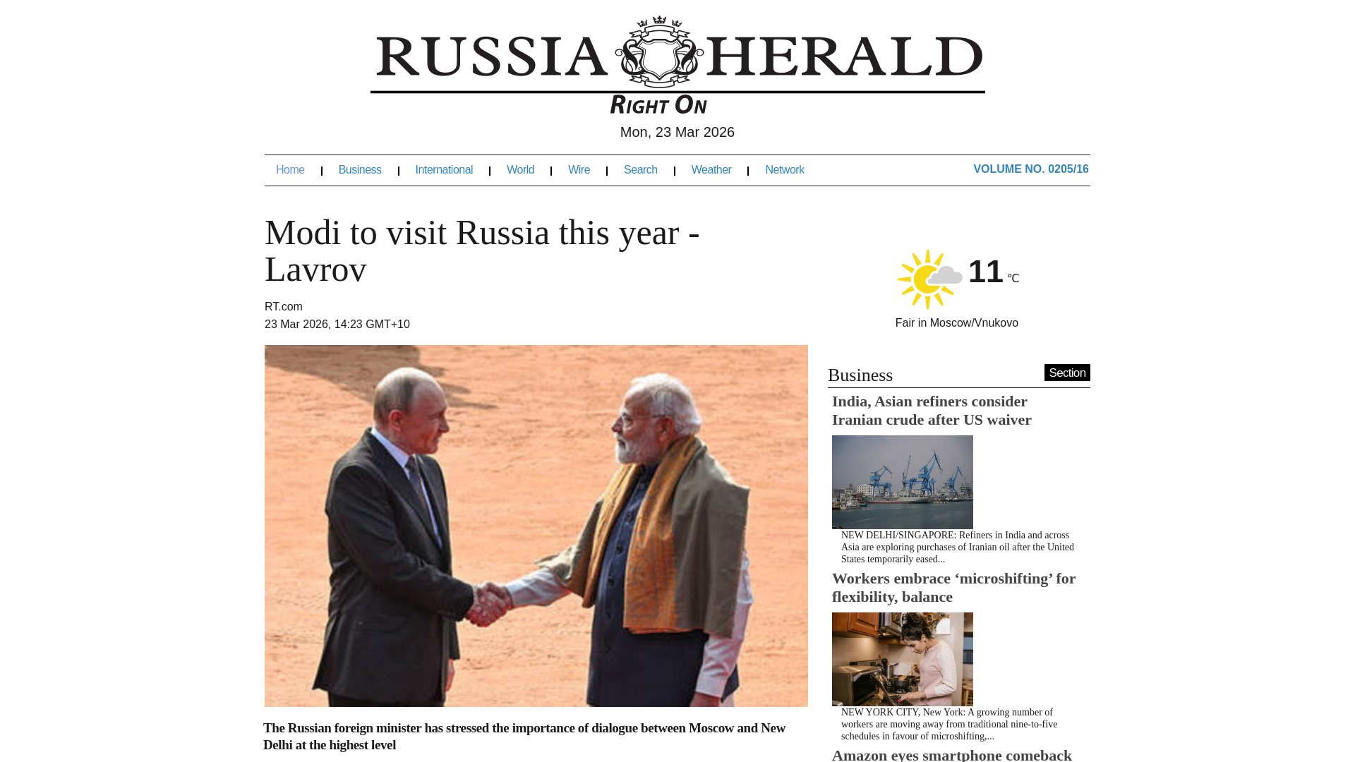 website screenshot of https://www.russiaherald.com/news/278938558/modi-to-visit-russia-this-year-lavrov
