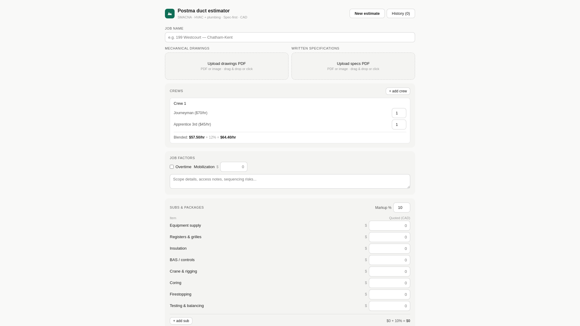 website screenshot of https://postma-estimator.pages.dev/