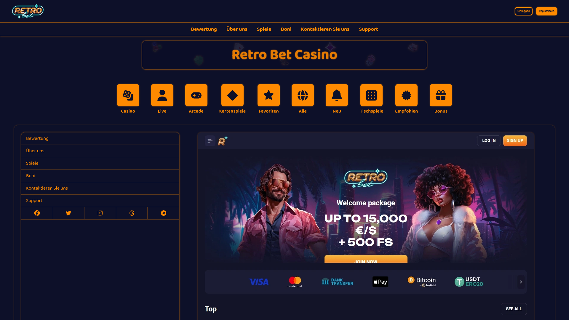 website screenshot of https://retro-betcasino.de/