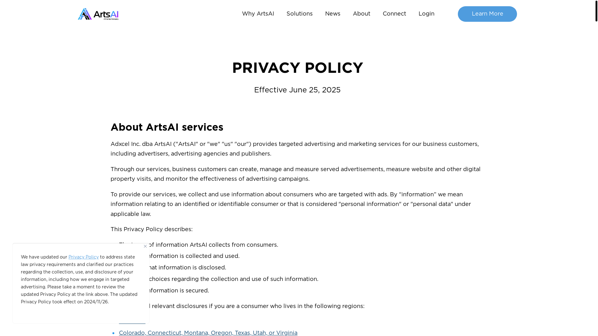 website screenshot of https://artsai.com/privacy/