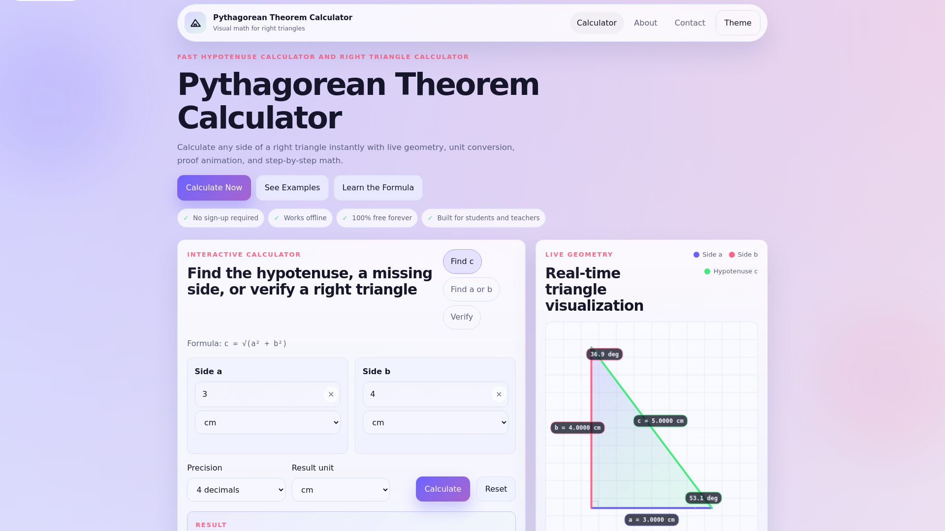website screenshot of https://pythagoreantheoremcalculator.pro/