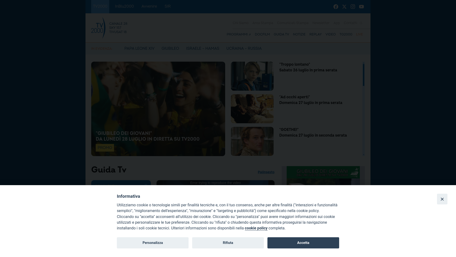 website screenshot of https://tv2000.it/