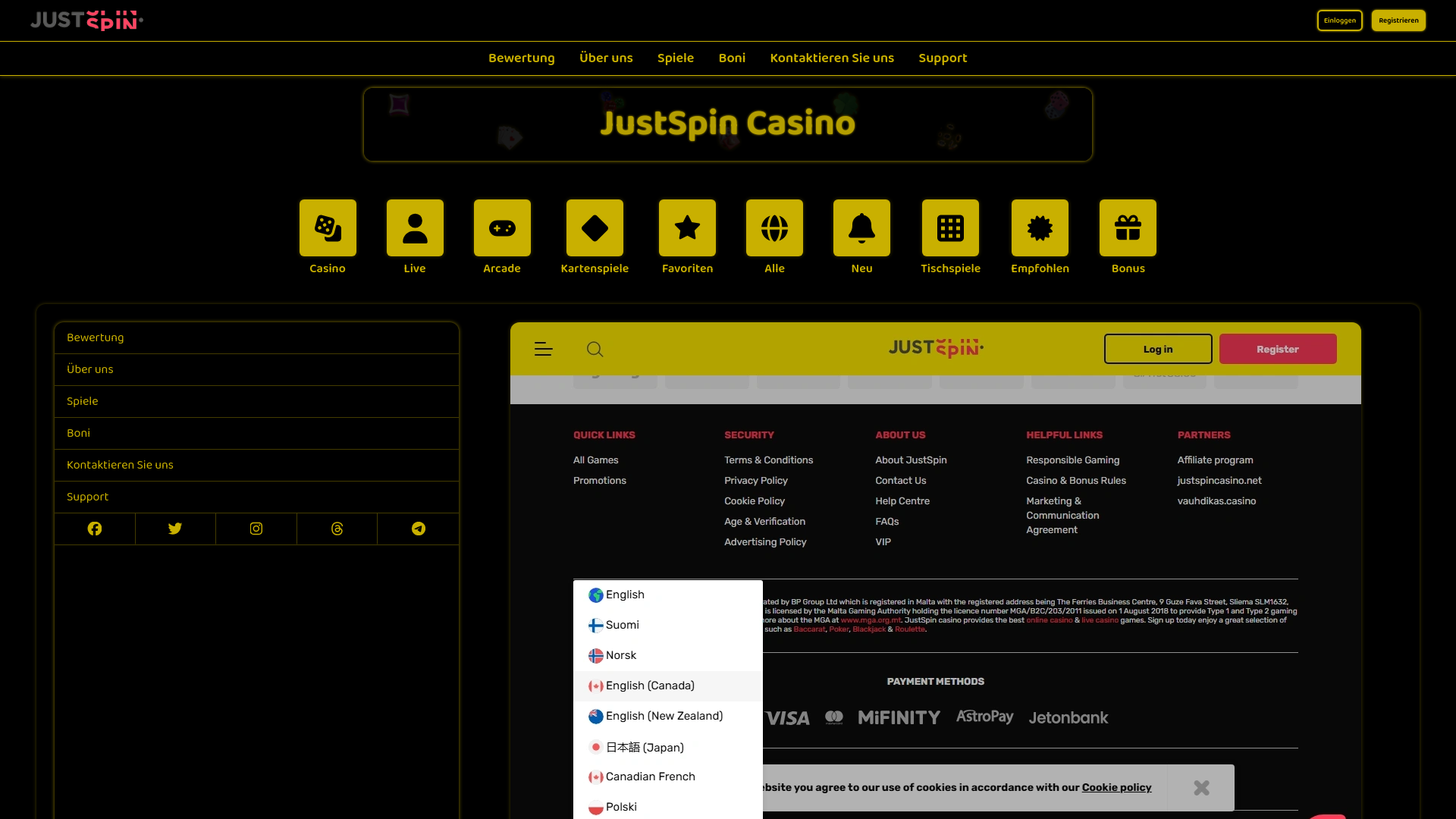 website screenshot of https://justspincasino.de/