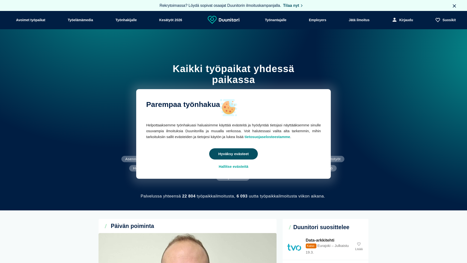 website screenshot of https://duunitori.fi