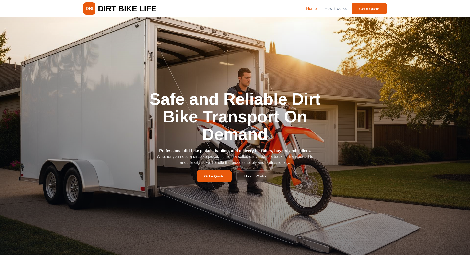 website screenshot of https://dirtbikeondemandtransport.com/