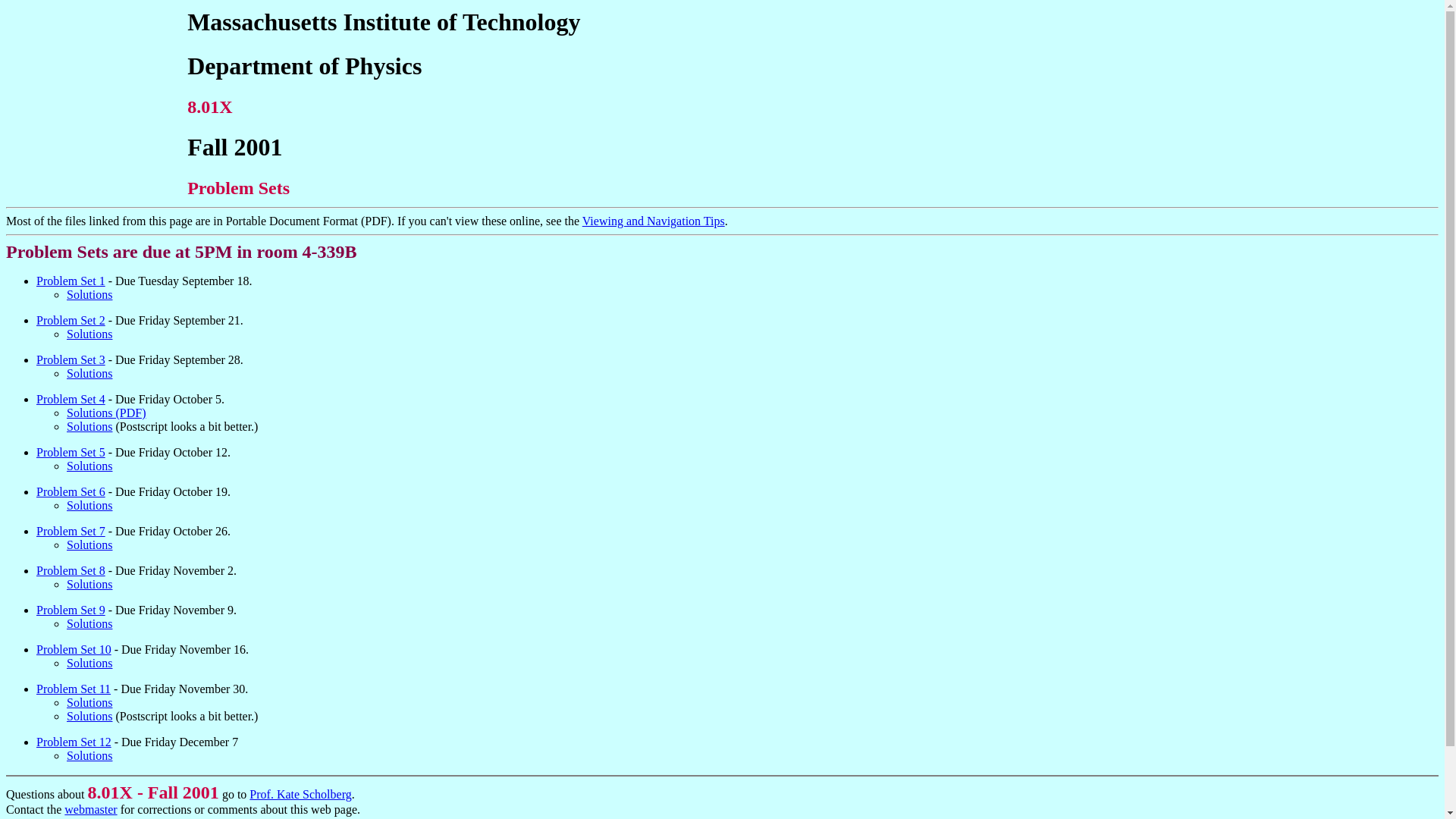 website screenshot of http://web.mit.edu/8.01x/Fall01/psets/main.html