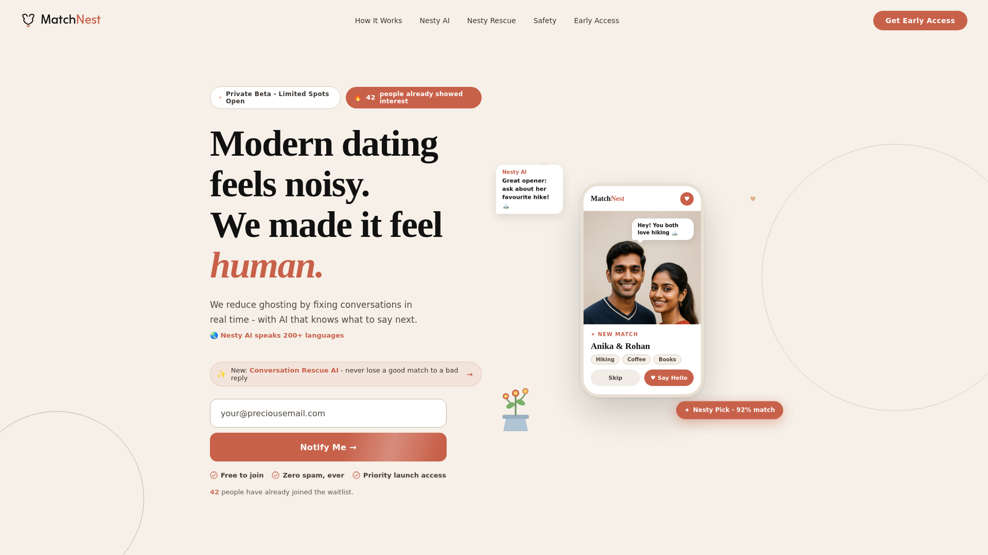 website screenshot of https://matchnest.co