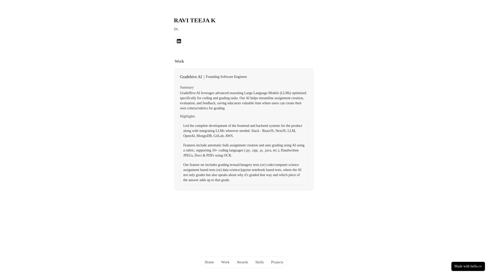 website screenshot of https://raviteja.cv