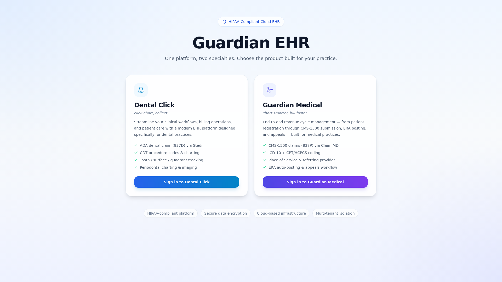 website screenshot of https://dentalclickpms.com/