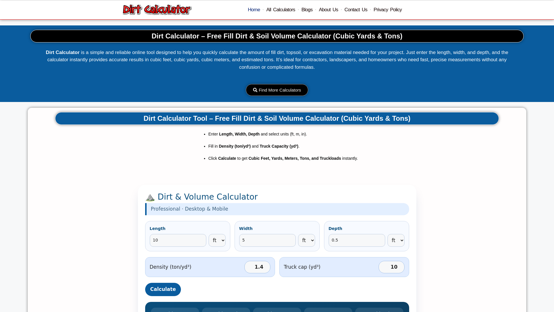 website screenshot of https://dirtcalculator.org/