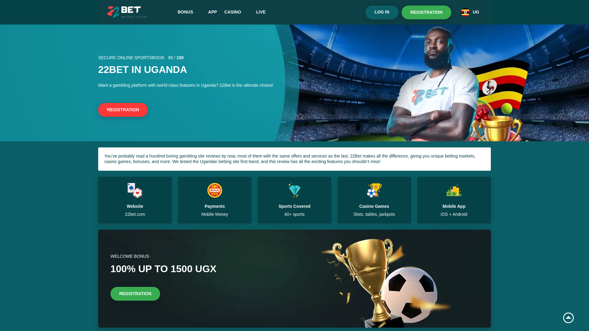 website screenshot of https://bet-22.ug
