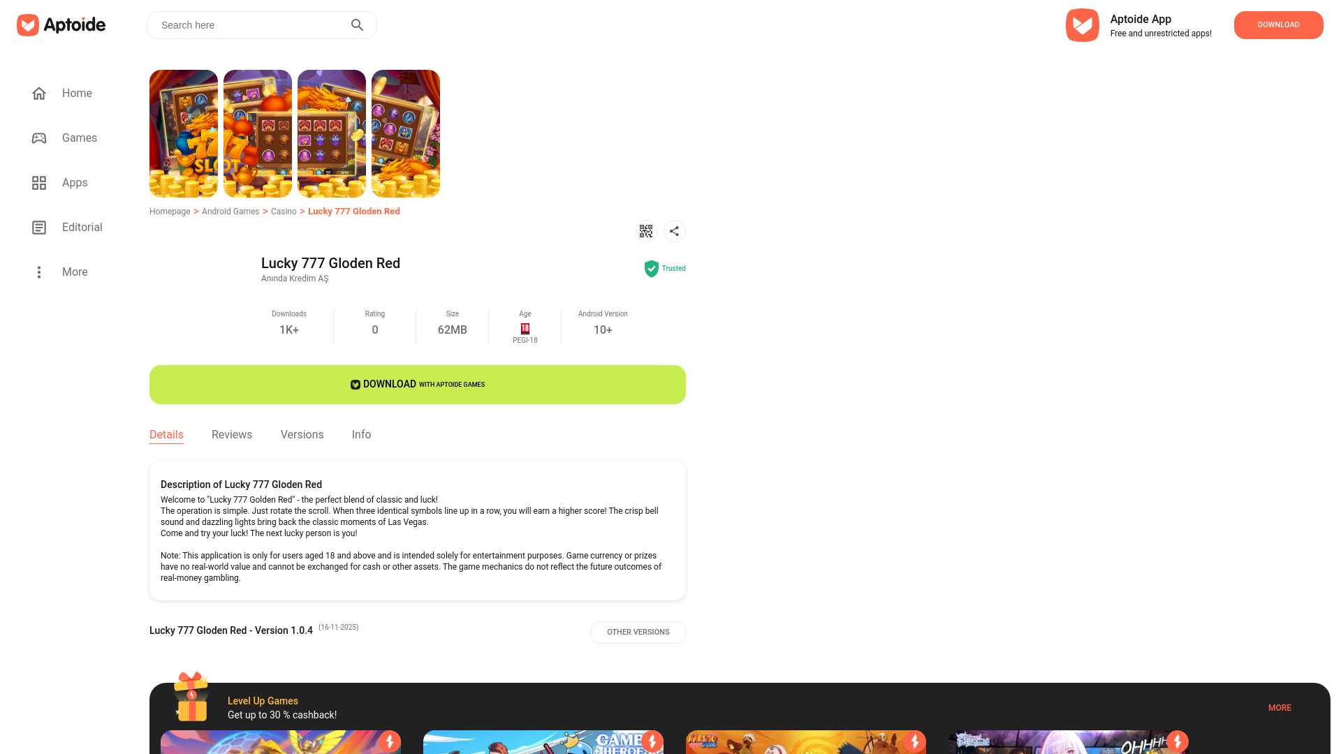 website screenshot of https://lucky-777-gloden-red.en.aptoide.com