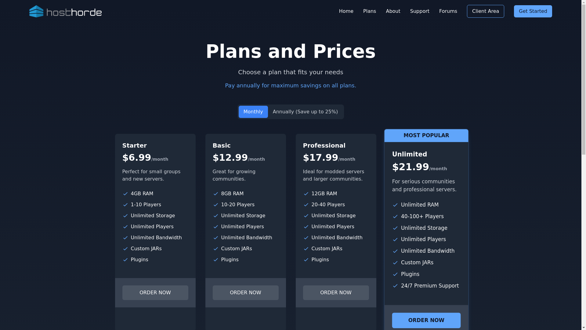 website screenshot of https://www.hosthorde.com/plans